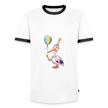 Bande dessinée d’anniversaire d’oiseau pélican - T-shirt contrasté Homme - blanc/noir - Devant - AI Model Female 172 light (172cm) & AI Model Male 178 dark (178cm)