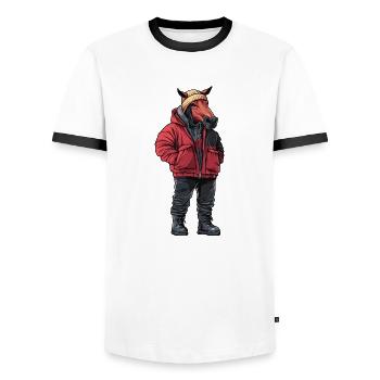 Mode d’hiver du cheval - T-shirt contrasté Homme - blanc/noir - Devant - AI Model Female 172 light (172cm) & AI Model Male 178 dark (178cm)