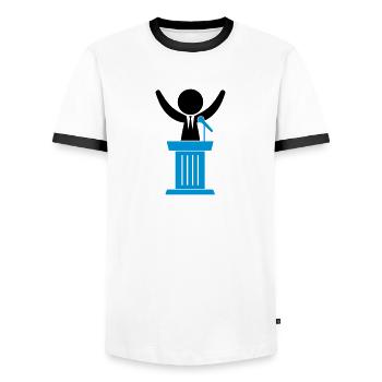 Un politicien parle à ses électeurs - T-shirt contrasté Homme - blanc/noir - Devant - AI Model Female 172 light (172cm) & AI Model Male 178 dark (178cm)