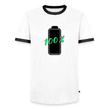 Battery has 100% full energy - Men's Ringer Shirt - white/black - Front - AI Model Female 172 light (172cm) & AI Model Male 178 dark (178cm)