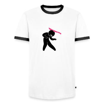 A zombie in the head with a machete - Men's Ringer Shirt - white/black - Front - AI Model Female 172 light (172cm) & AI Model Male 178 dark (178cm)