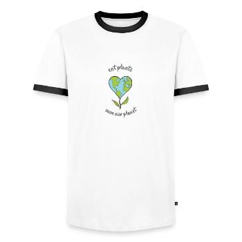 eat plants save our planet - Männer Kontrast-T-Shirt - Weiß/Schwarz - Vorne - AI Model Female 172 light (172cm) & AI Model Male 178 dark (178cm)