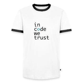 dans le code, nous l'espérons, développeur, codeur - T-shirt contrasté Homme - blanc/noir - Devant - AI Model Female 172 light (172cm) & AI Model Male 178 dark (178cm)
