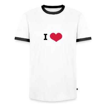 I heart ... (insert own text) - Men's Ringer Shirt - white/black - Front - AI Model Female 172 light (172cm) & AI Model Male 178 dark (178cm)