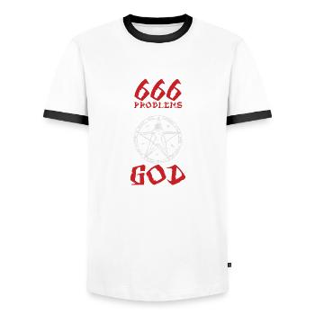 I Got 666 Problems But God One Witch Satanismus - Männer Kontrast-T-Shirt - Weiß/Schwarz - Vorne - AI Model Female 172 light (172cm) & AI Model Male 178 dark (178cm)