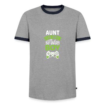Aunt of the Bday Boy video game Bday - Men's Ringer Shirt - grey/navy  - Front - AI Model Female 172 light (172cm) & AI Model Male 178 light (178cm)