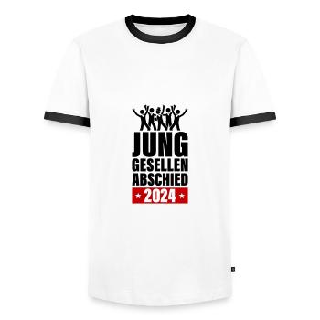 Enterrement de vie de garçon 2024 - T-shirt contrasté Homme - blanc/noir - Devant - AI Model Female 172 light (172cm) & AI Model Male 178 dark (178cm)