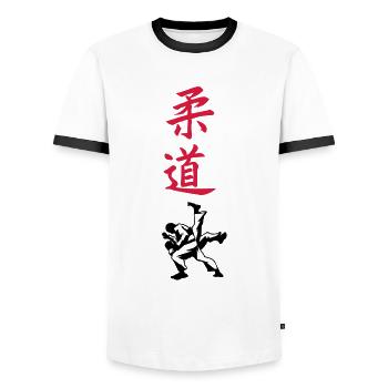 Judo-Code moral du judo Symboles japonais - Männer Kontrast-T-Shirt - Weiß/Schwarz - Vorne - AI Model Female 172 light (172cm) & AI Model Male 178 dark (178cm)