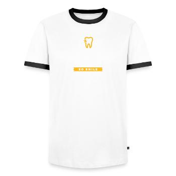 Life Is Short. Smile While You Have Teeth! - Men's Ringer Shirt - white/black - Front - AI Model Female 172 light (172cm) & AI Model Male 178 dark (178cm)