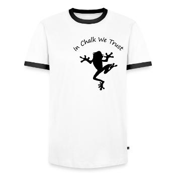 Bouldering Escalade Boulder Frog In Chalk We Trust - T-shirt contrasté Homme - blanc/noir - Devant - AI Model Female 172 light (172cm) & AI Model Male 178 dark (178cm)