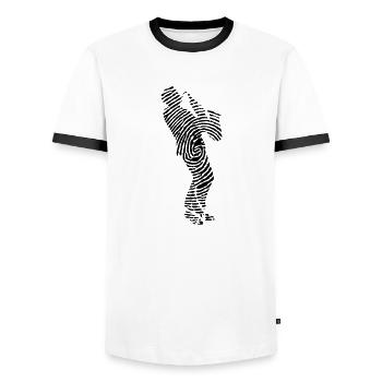 Saxophonist Fingeabdruck - Jazz Musik - Saxophone - Men's Ringer Shirt - white/black - Front - AI Model Female 172 light (172cm) & AI Model Male 178 dark (178cm)