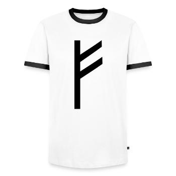 Rune Fehu - luck, prosperity & personal power - Men's Ringer Shirt - white/black - Front - AI Model Female 172 light (172cm) & AI Model Male 178 dark (178cm)