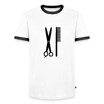 Comb & Scissors - Hairdresser - Men's Ringer Shirt - white/black - Front - AI Model Female 172 light (172cm) & AI Model Male 178 dark (178cm)