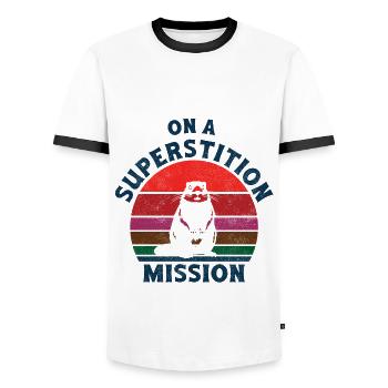 On a superstition mission retro sunset marmot - Men's Ringer Shirt - white/black - Front - AI Model Female 172 light (172cm) & AI Model Male 178 dark (178cm)