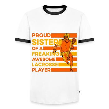 Proud Sister of a freaking awesome Lacrosse Player - Männer Kontrast-T-Shirt - Weiß/Schwarz - Vorne - AI Model Female 172 light (172cm) & AI Model Male 178 dark (178cm)