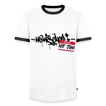 Now-School - Hello my name is not John (Red) - Men's Ringer Shirt - white/black - Front - AI Model Female 172 light (172cm) & AI Model Male 178 dark (178cm)