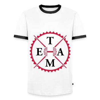 dumbbell gym team - Men's Ringer Shirt - white/black - Front - AI Model Female 172 light (172cm) & AI Model Male 178 dark (178cm)