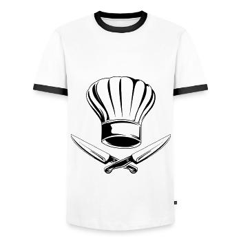 knife symbol chef's hat - Men's Ringer Shirt - white/black - Front - AI Model Female 172 light (172cm) & AI Model Male 178 dark (178cm)