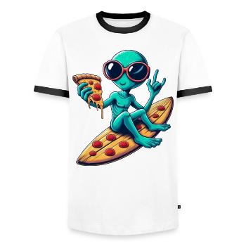 Alien alien surfeur surfant pizza - T-shirt contrasté Homme - blanc/noir - Devant - AI Model Female 172 light (172cm) & AI Model Male 178 dark (178cm)