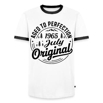 Juli 1965 – Legende der Gipfel und Berge - Männer Kontrast-T-Shirt - Weiß/Schwarz - Vorne - AI Model Female 172 light (172cm) & AI Model Male 178 dark (178cm)