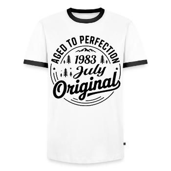 July 1983 – Legend of the Peaks and Mountains - Men's Ringer Shirt - white/black - Front - AI Model Female 172 light (172cm) & AI Model Male 178 dark (178cm)