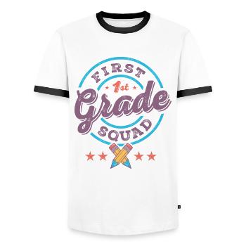 Enseignante de l’équipe de première année de l’équipe de 1re année pour la rentrée scolaire - T-shirt contrasté Homme - blanc/noir - Devant - AI Model Female 172 light (172cm) & AI Model Male 178 dark (178cm)