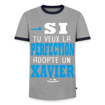 Xavier Si tu veux la perfection adopte un xavier. - T-shirt contrasté Homme - gris/marine  - Devant - AI Model Female 172 light (172cm) & AI Model Male 178 light (178cm)