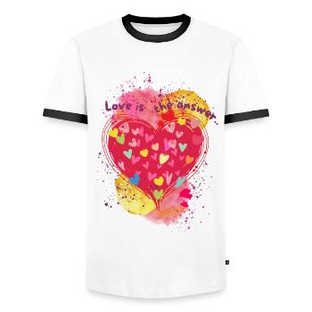 L’amour est la réponse. - T-shirt contrasté Homme - blanc/noir - Devant - AI Model Female 172 light (172cm) & AI Model Male 178 dark (178cm)