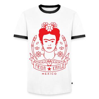 Frida Kahlo Portrait Blumenkranz Rot - Männer Kontrast-T-Shirt - Weiß/Schwarz - Vorne - AI Model Female 172 light (172cm) & AI Model Male 178 dark (178cm)