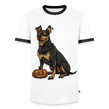 Dobermann Hund Halloween Zombie - Männer Kontrast-T-Shirt - Weiß/Schwarz - Vorne - AI Model Female 172 light (172cm) & AI Model Male 178 dark (178cm)