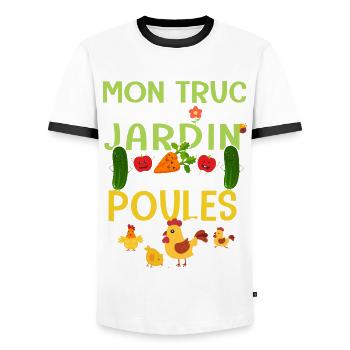Mon truc c est mon jardin et mes poules - T-shirt contrasté Homme - blanc/noir - Devant - AI Model Female 172 light (172cm) & AI Model Male 178 dark (178cm)