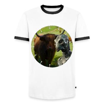 Alien fell into the camera ? - Men's Ringer Shirt - white/black - Front - AI Model Female 172 light (172cm) & AI Model Male 178 dark (178cm)