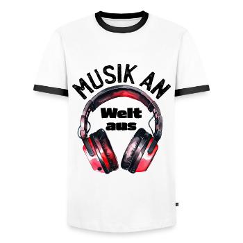 Kopfhörer: Musik an - Welt aus - Männer Kontrast-T-Shirt - Weiß/Schwarz - Vorne - AI Model Female 172 light (172cm) & AI Model Male 178 dark (178cm)