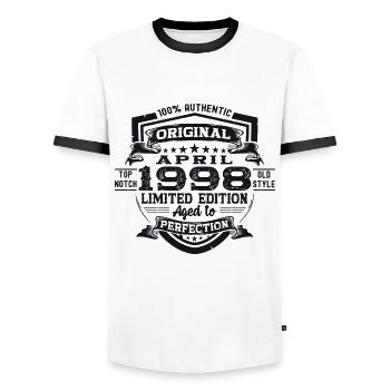 25th birthday man April Born 1998 Original - Men's Ringer Shirt - white/black - Front - AI Model Female 172 light (172cm) & AI Model Male 178 dark (178cm)