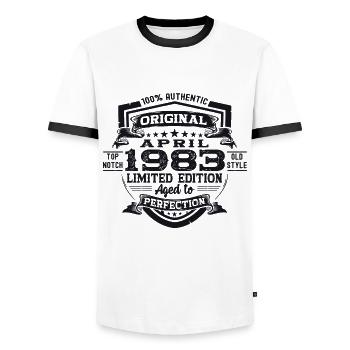 40th birthday man April Born 1983 Original - Men's Ringer Shirt - white/black - Front - AI Model Female 172 light (172cm) & AI Model Male 178 dark (178cm)