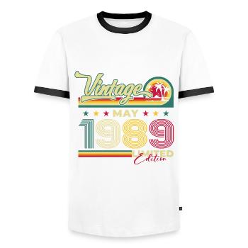 Original May 1989 Vintage 1989 Birthday 1989 - Men's Ringer Shirt - white/black - Front - AI Model Female 172 light (172cm) & AI Model Male 178 dark (178cm)