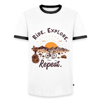 Vintage graphic of cyclist at sunrise – Retro - Men's Ringer Shirt - white/black - Front - AI Model Female 172 light (172cm) & AI Model Male 178 dark (178cm)