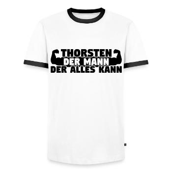 Der Mann Der Alles kann Thorsten - Männer Kontrast-T-Shirt - Weiß/Schwarz - Vorne - AI Model Female 172 light (172cm) & AI Model Male 178 dark (178cm)