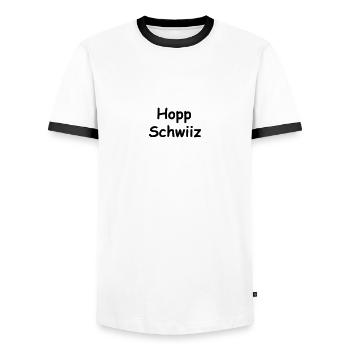 Hopp Schwiiz I - Männer Kontrast-T-Shirt - Weiß/Schwarz - Vorne - AI Model Female 172 light (172cm) & AI Model Male 178 dark (178cm)