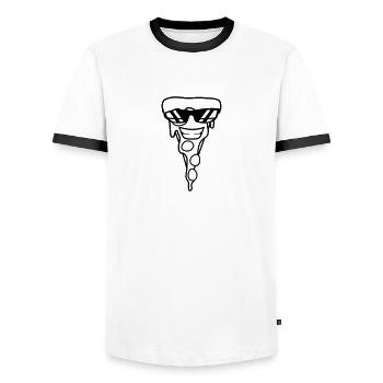 cool face figure sunglasses piece of salami pizza - Men's Ringer Shirt - white/black - Front - AI Model Female 172 light (172cm) & AI Model Male 178 dark (178cm)