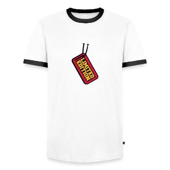 Limited Edition Price Tag Design - Men's Ringer Shirt - white/black - Front - AI Model Female 172 light (172cm) & AI Model Male 178 dark (178cm)