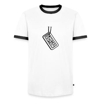 Limited Edition Price Tag Design - Men's Ringer Shirt - white/black - Front - AI Model Female 172 light (172cm) & AI Model Male 178 dark (178cm)