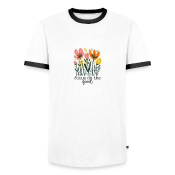 Focus on the Good – Floral Positivity Design - Men's Ringer Shirt - white/black - Front - AI Model Female 172 light (172cm) & AI Model Male 178 dark (178cm)
