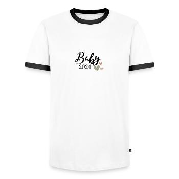 Baby 2024 Aufdruck olivgrün Herz - Männer Kontrast-T-Shirt - Weiß/Schwarz - Vorne - AI Model Female 172 light (172cm) & AI Model Male 178 dark (178cm)