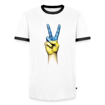 Paix en Ukraine - signe de paix - stop à la guerre - Frieden - T-shirt contrasté Homme - blanc/noir - Devant - AI Model Female 172 light (172cm) & AI Model Male 178 dark (178cm)