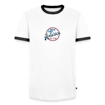 United States of America - Men's Ringer Shirt - white/black - Front - AI Model Female 172 light (172cm) & AI Model Male 178 dark (178cm)