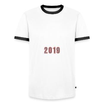 2019 Year Number - Men's Ringer Shirt - white/black - Front - AI Model Female 172 light (172cm) & AI Model Male 178 dark (178cm)