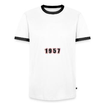 1957 year birthday - Men's Ringer Shirt - white/black - Front - AI Model Female 172 light (172cm) & AI Model Male 178 dark (178cm)