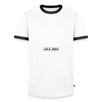 Year 2024 - Men's Ringer Shirt - white/black - Front - AI Model Female 172 light (172cm) & AI Model Male 178 dark (178cm)