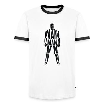 Le pouvoir de l’homme : un portrait typographique - T-shirt contrasté Homme - blanc/noir - Devant - AI Model Female 172 light (172cm) & AI Model Male 178 dark (178cm)